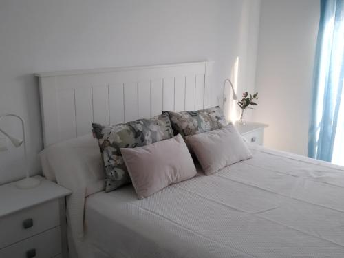 瓜迪亚纳河畔桑卢卡尔La Tinajita的一张白色的床,上面有两个枕头
