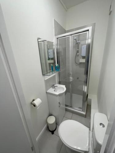 利物浦County serviced accommodation的带淋浴和卫生间的白色浴室