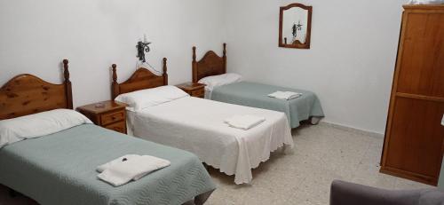 托莱多Hostal Gran Capitán的一间医院间,配有两张床和镜子