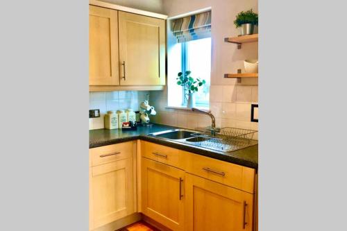 泰恩河畔纽卡斯尔Stylish Quayside 2 bed apartment with beautiful river views的厨房配有木制橱柜、水槽和窗户。