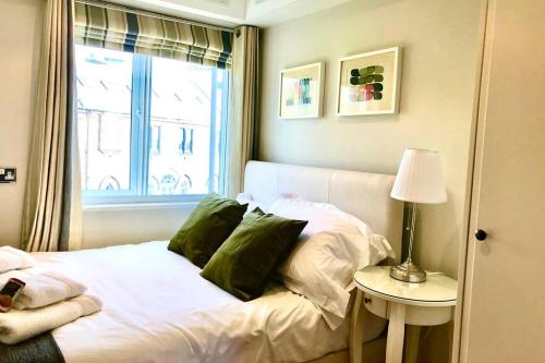 泰恩河畔纽卡斯尔Stylish Quayside 2 bed apartment with beautiful river views的窗户客房内的一张带绿色枕头的床
