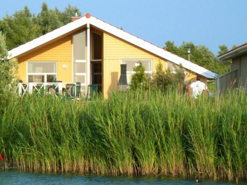 奥特尔恩多夫12 person holiday home in Otterndorf的水边高草后面的黄色房子