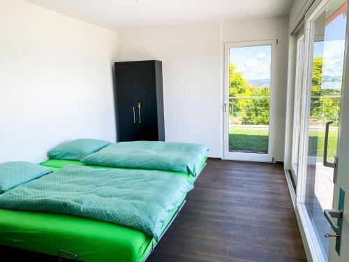 BelleriveVilla au bord du lac de Morat avec vue imprenable的一间卧室设有一张绿色的床和滑动玻璃门