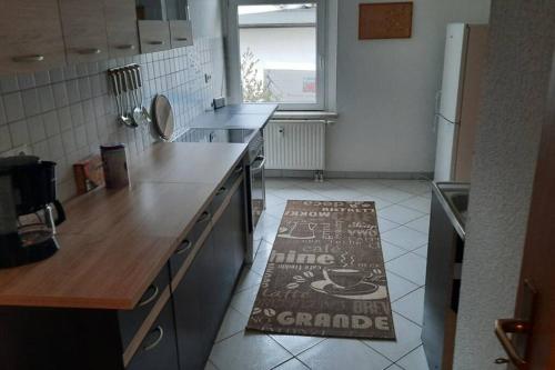 开姆尼茨Gemütliche Whg in Einsiedel am Rande der Zwönitz的厨房配有柜台和地板上的地毯