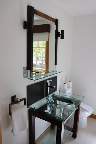 格拉斯哥Lodge 37 Rowardennan, Loch Lomond的一间带玻璃水槽和镜子的浴室