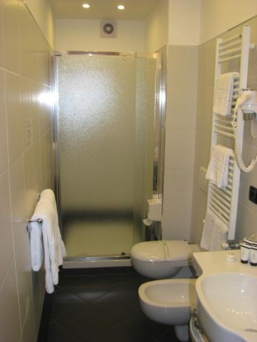 韦内雷港贝维德雷酒店的带淋浴、卫生间和盥洗盆的浴室