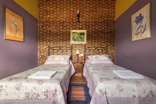 米兰达德尔卡斯塔尼亚尔Casa Rural Laura的砖墙客房的两张床