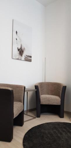 梅青根HB 32 Metzingen的客厅配有两把椅子和地毯。
