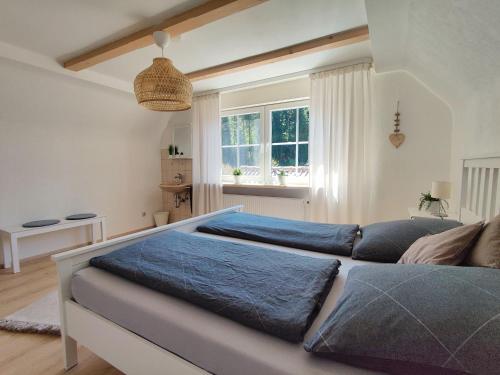 巴特彼得斯塔尔-格里斯巴赫Pension Zur Rose的一间卧室配有一张带蓝色枕头的床。