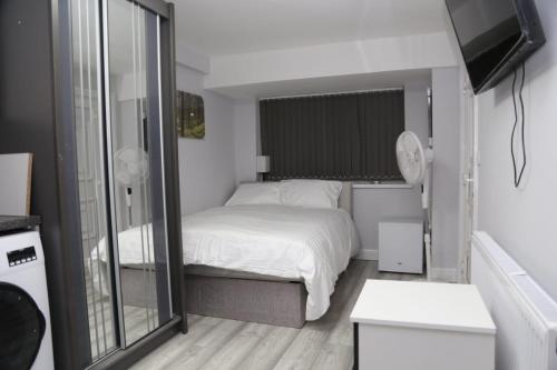 伦敦Budget Ensuite Room Woolwich的一间卧室配有一张床和一面大镜子