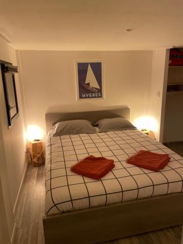 耶尔Tiny House sur la Côte d’Azur的一间卧室配有一张床,上面有两条毛巾