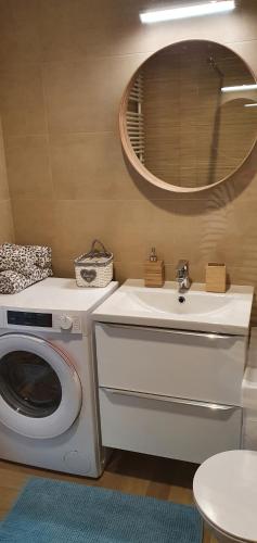 罗兹Apple Apartments - Mickiewicza PRYWATNE MIEJSCE PARKINGOWE的一间带洗衣机和水槽的浴室
