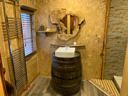 阿伯劳尔The Bothy Aberlour的浴室设有镜子,桶内有水槽