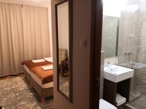 加尔多尼Laguna Panzió的浴室设有床、水槽和镜子
