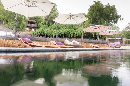 蓬蒂-达巴尔卡Drop-Inn Nature, Relax, Hike and SKATE的水边的一把遮阳伞和椅子
