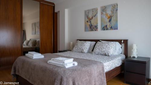 波瓦-迪瓦尔津Apartamento Santos Graça的一间卧室配有带毛巾的床