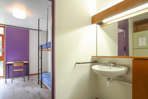 布雷斯特AUBERGE DE JEUNESSE DU MOULIN BLANC的一间带水槽和一张双层床的浴室