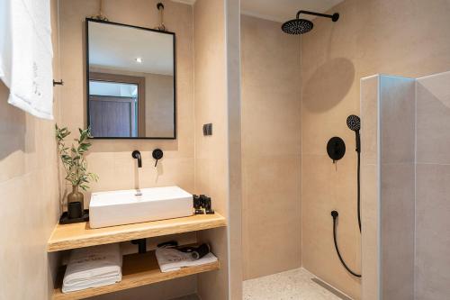 斯卡拉伯塔麦斯KYVO Experience的一间带水槽、镜子和淋浴的浴室