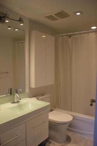 温哥华Your Vacation Home Downtown Vancouver的一间带水槽、卫生间和镜子的浴室