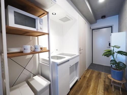 东京Luana Shibuya的一间带水槽和冰箱的小厨房