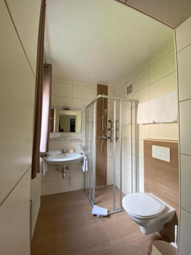 巴德加斯坦施坦巴切旅馆的带淋浴、卫生间和盥洗盆的浴室