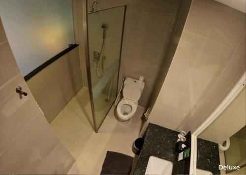 占碑市ASTON Jambi Hotel & Conference Center的带淋浴和卫生间的小浴室