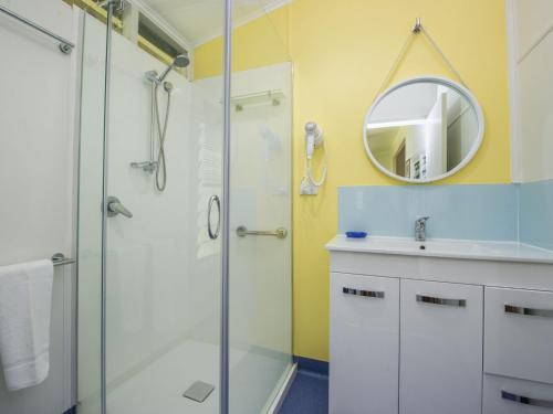 阿卡狄亚Kooyong Apartment 4的带淋浴、盥洗盆和镜子的浴室