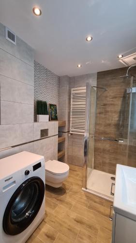 奥斯威辛Apartament DeLuxe 3的一间带洗衣机和卫生间的浴室