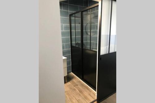Bourg-sur-GirondeBourg superbe appart avec vue magnifique的带淋浴的浴室(带黑色玻璃门)