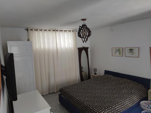 西迪·布·赛义德Suite à sidi bou Saïd的一间卧室配有一张床、镜子和吊灯