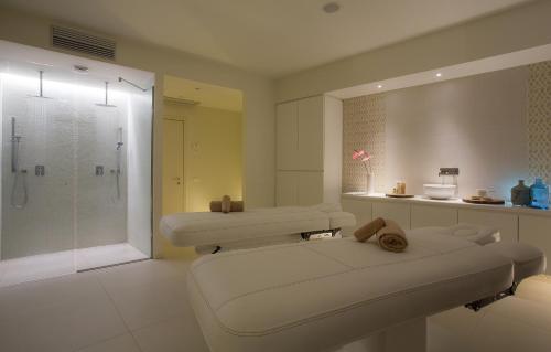 阿巴诺泰尔梅全景广场酒店的带淋浴、卫生间和盥洗盆的浴室