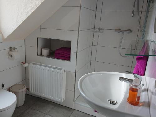 特里滕海姆Weingut Bollig-Prüm的白色的浴室设有水槽和卫生间。