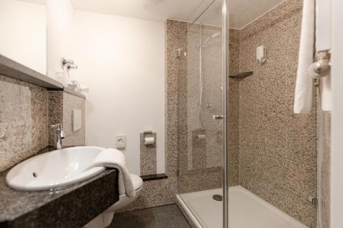 阿尔腾斯塔特Hotel & Restaurant Fischer的一间带水槽、淋浴和卫生间的浴室
