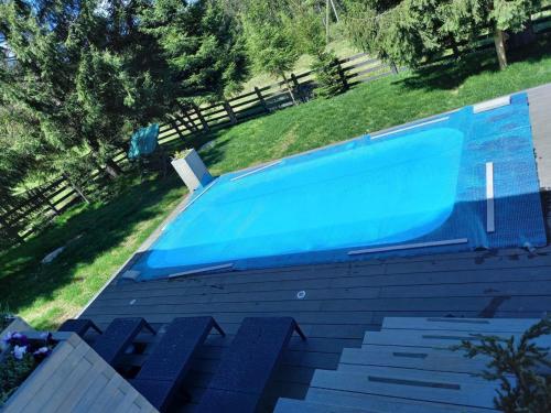 亚布卢尼齐亚"Шале Олень"的蓝色游泳池的顶部景色