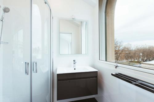 霍巴特Salamanca Galleria Apartments的一间带水槽和玻璃淋浴的浴室