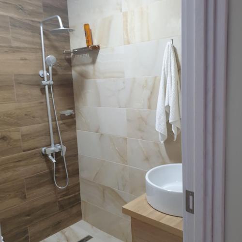 科布列季Maritas apartament的带淋浴、卫生间和盥洗盆的浴室