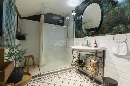 克拉皮纳Puhek breg的带淋浴、盥洗盆和镜子的浴室