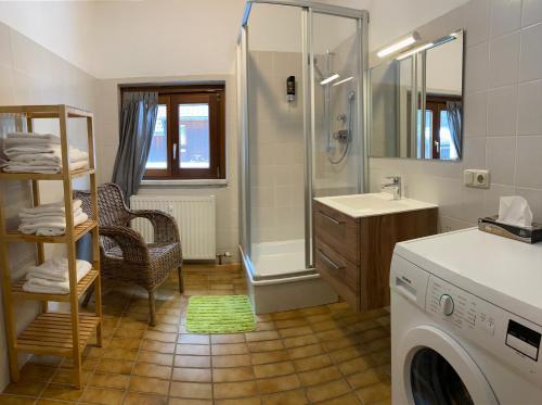 哈尔施塔特Apartment Sophia - Hallstatt的带淋浴和洗衣机的浴室