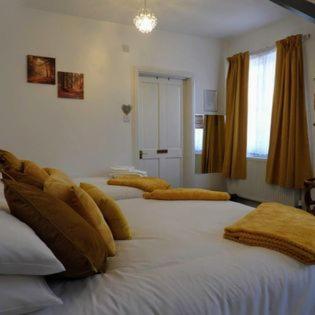 霍尔斯沃西Kings Arms Hotel的一间设有三张床和黄色枕头的客房