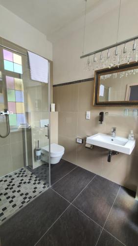 科赫姆Hotel Osteria Del Vino Cochem的一间带水槽、卫生间和镜子的浴室