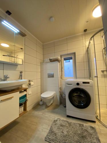 茨文考Haus zum See的一间带洗衣机和卫生间的浴室