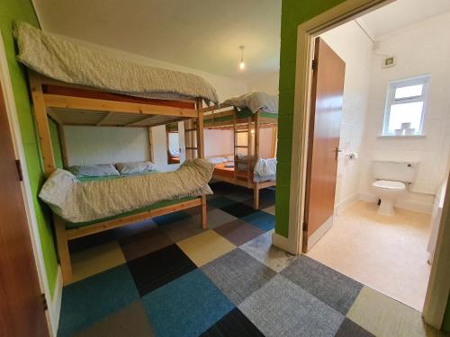 LlanllyfniBasecamp Wales的带三张双层床和一间浴室的客房