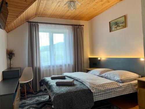斯拉夫西克Ніч над Карпатами的一间卧室配有一张床、一个窗口和一张书桌