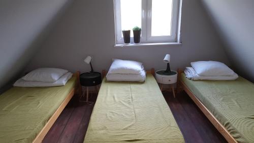斯梅瑞克Domek pod Widetą的两张床位于带窗户的房间内