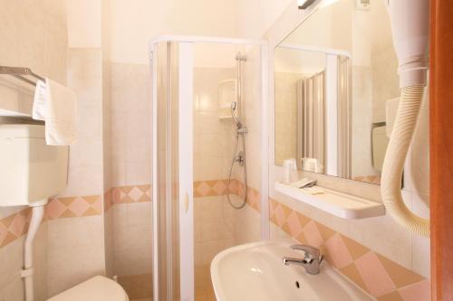 里米尼卡纳比酒店的带淋浴、盥洗盆和卫生间的浴室