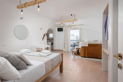 纳克索乔拉Aqua Naxos Apartments & Suites的一间卧室设有一张床和一间客厅。
