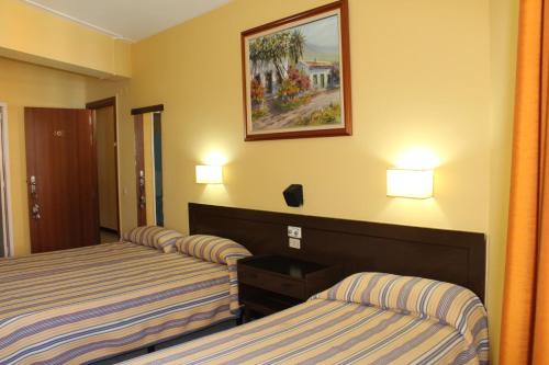 大加那利岛拉斯帕尔马斯奥林匹亚酒店的酒店客房设有两张床,墙上挂着一张照片。