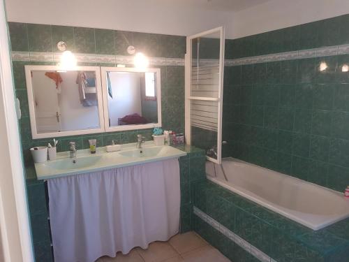 维特罗勒Maison à la semaine的绿色瓷砖浴室设有两个盥洗盆和一个浴缸