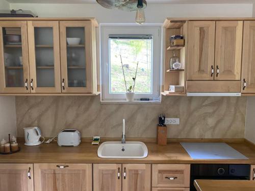 科雷尼察Milka house的带水槽的厨房台面和窗户