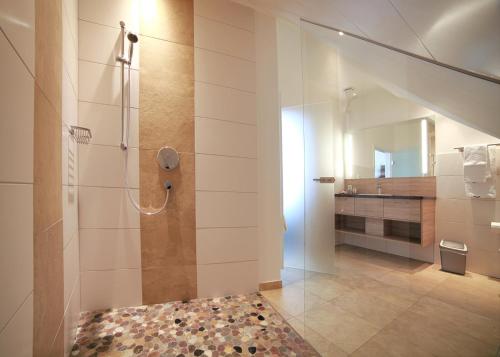 FürstenbergHotel Rössle的设有带步入式淋浴间和盥洗盆的浴室
